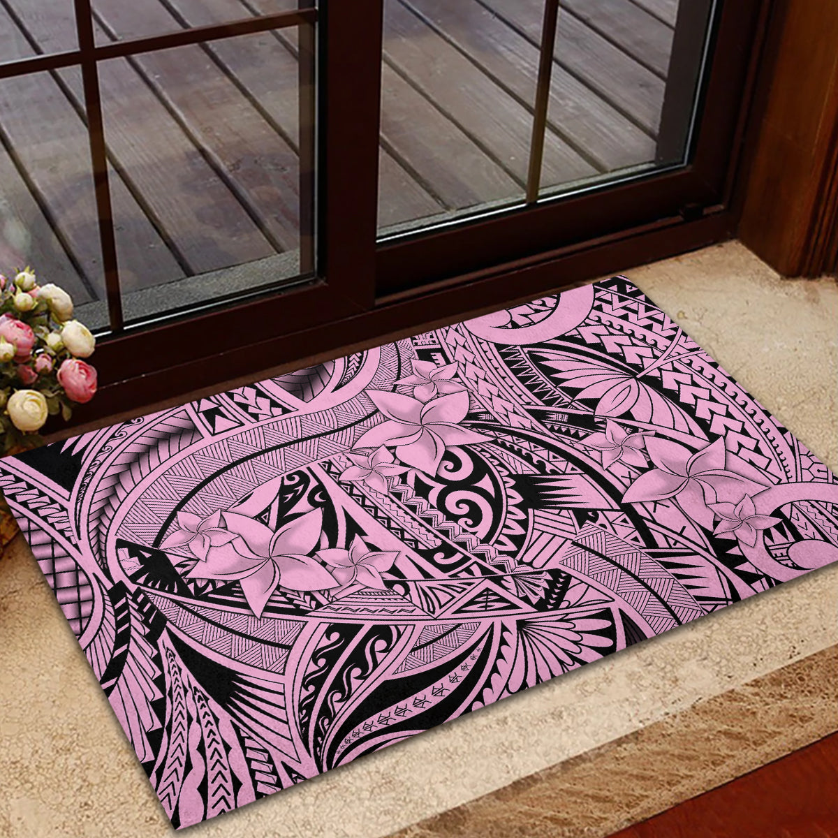 Polynesia Rubber Doormat Tribal Polynesian Spirit With Pink Pacific Flowers LT9 - Polynesian Pride