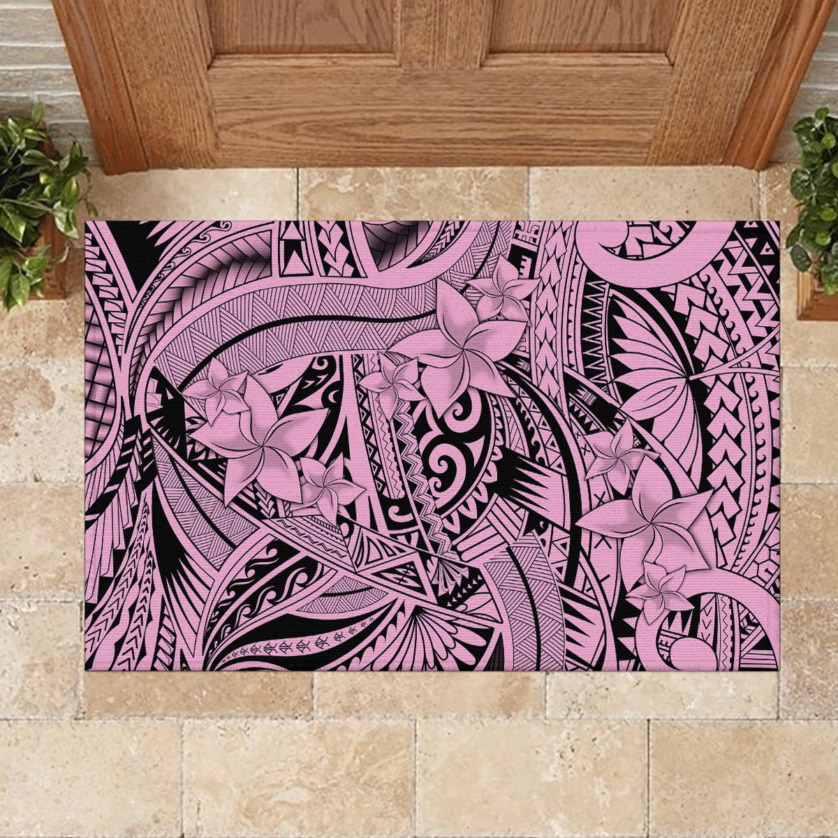 Polynesia Rubber Doormat Tribal Polynesian Spirit With Pink Pacific Flowers LT9 - Polynesian Pride