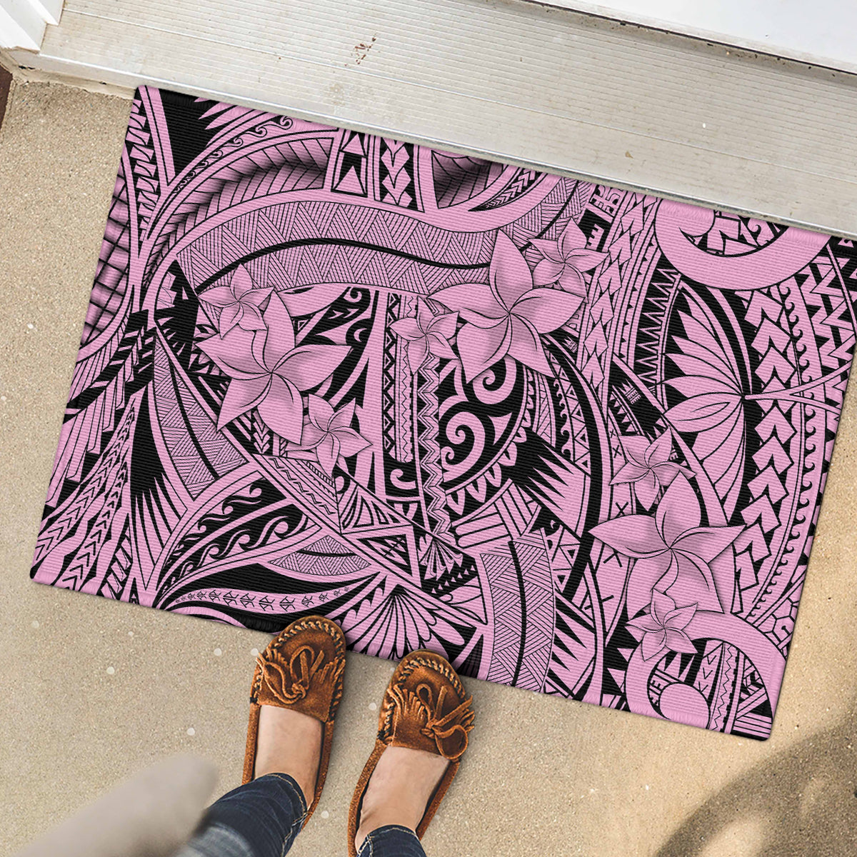 Polynesia Rubber Doormat Tribal Polynesian Spirit With Pink Pacific Flowers LT9 - Polynesian Pride