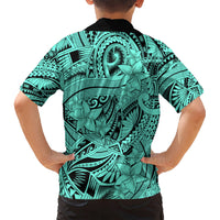 Polynesia Kid Hawaiian Shirt Tribal Polynesian Spirit With Teal Pacific Flowers LT9 - Polynesian Pride