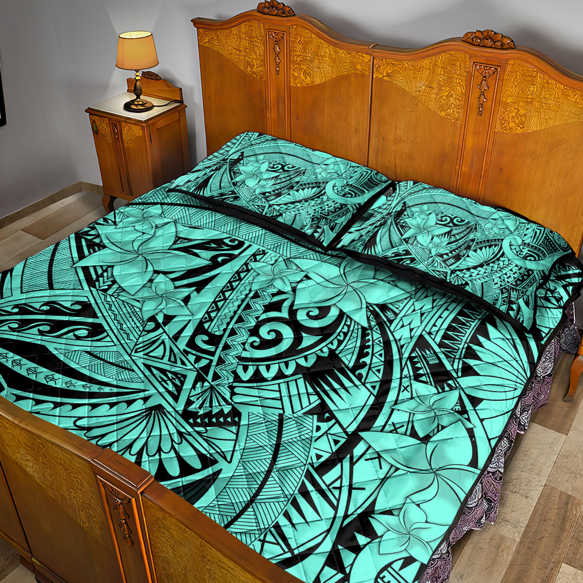 Polynesia Quilt Bed Set Tribal Polynesian Spirit With Teal Pacific Flowers LT9 - Polynesian Pride