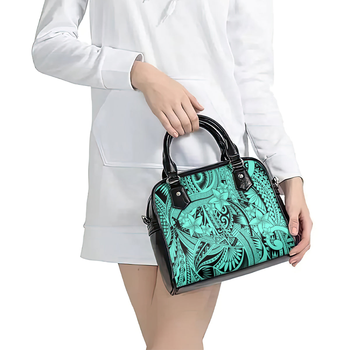 Polynesia Shoulder Handbag Tribal Polynesian Spirit With Teal Pacific Flowers LT9 - Polynesian Pride