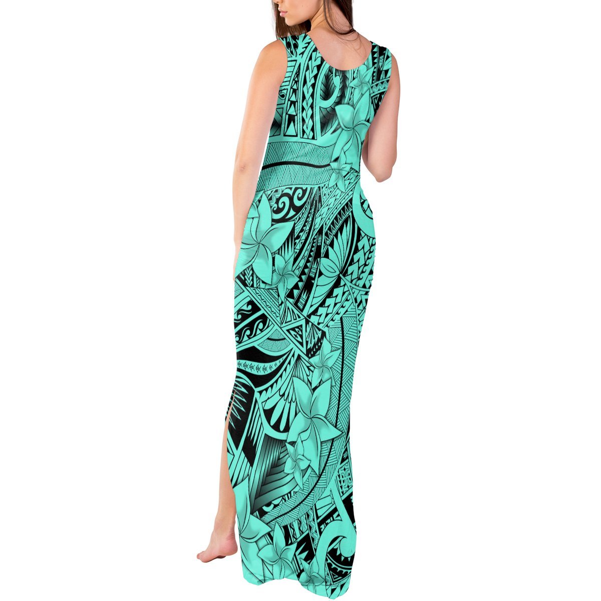 Polynesia Tank Maxi Dress Tribal Polynesian Spirit With Teal Pacific Flowers LT9 - Polynesian Pride