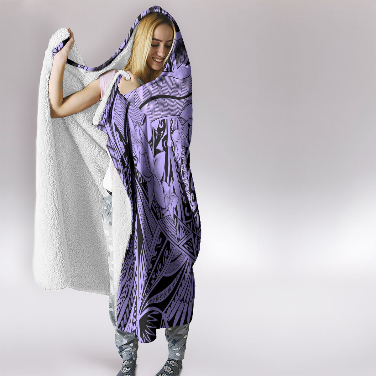 Polynesia Hooded Blanket Tribal Polynesian Spirit With Violet Pacific Flowers LT9 - Polynesian Pride