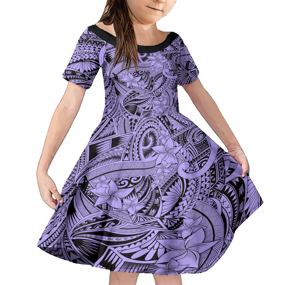Polynesia Kid Short Sleeve Dress Tribal Polynesian Spirit With Violet Pacific Flowers LT9 KID Violet - Polynesian Pride