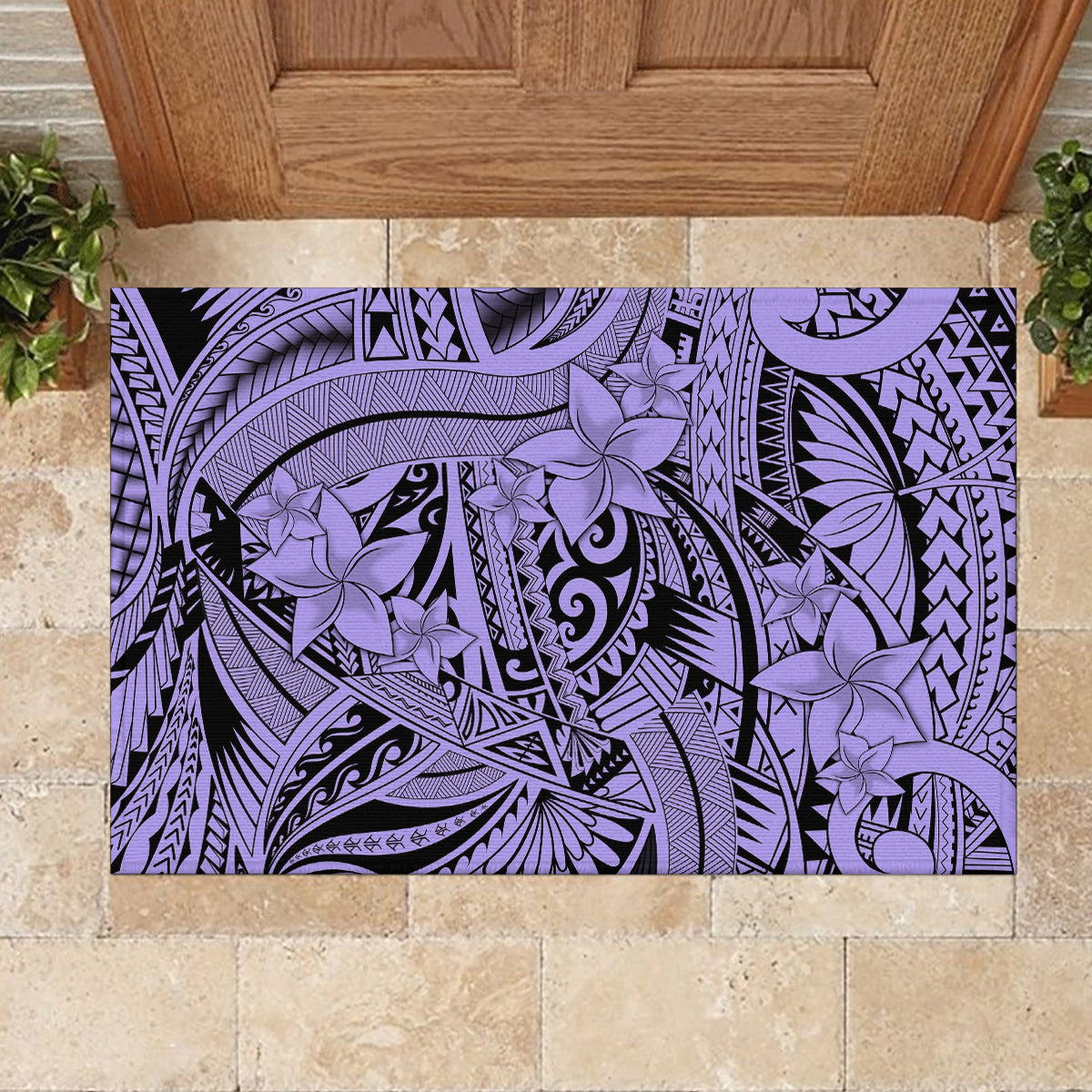 Polynesia Rubber Doormat Tribal Polynesian Spirit With Violet Pacific Flowers LT9 - Polynesian Pride