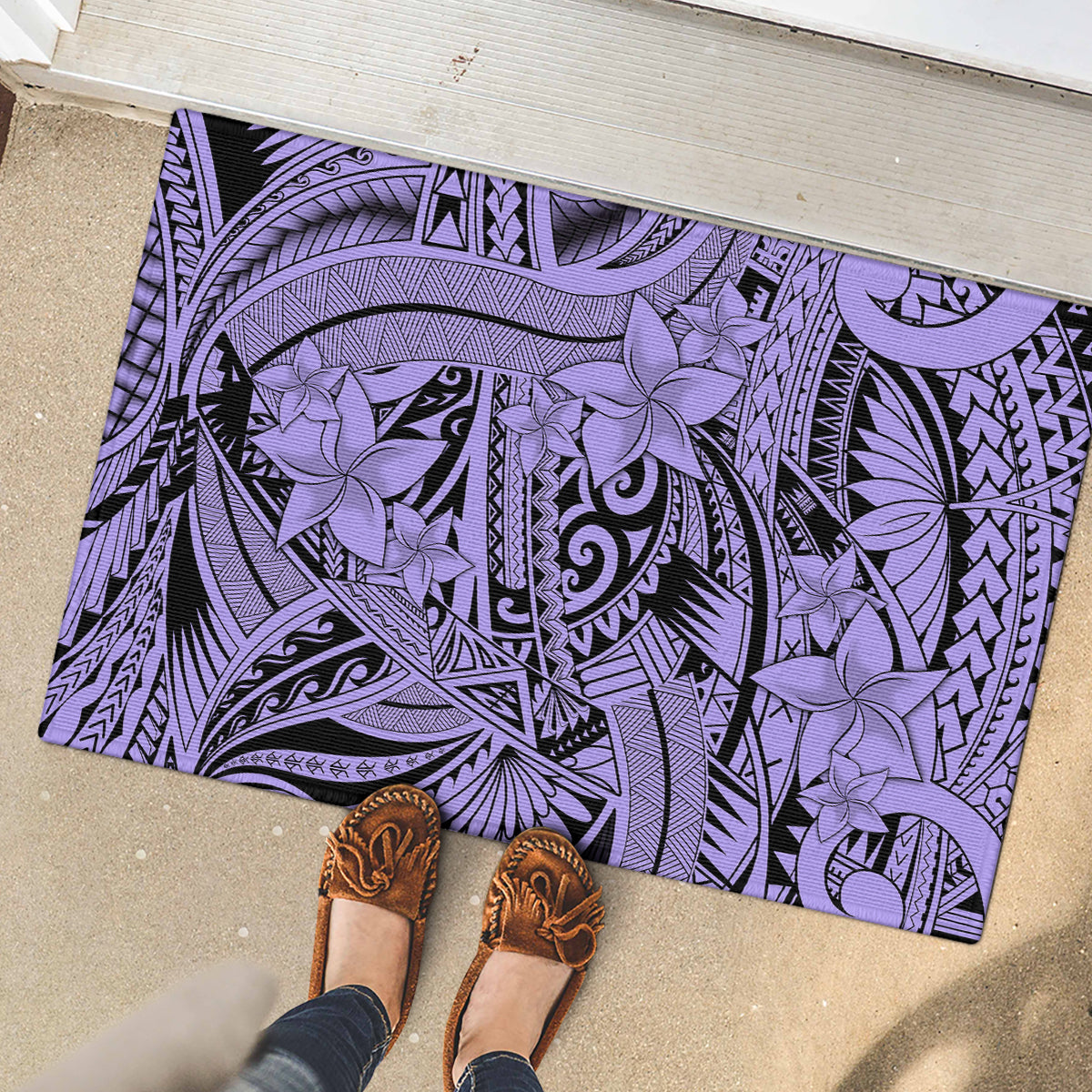 Polynesia Rubber Doormat Tribal Polynesian Spirit With Violet Pacific Flowers LT9 - Polynesian Pride