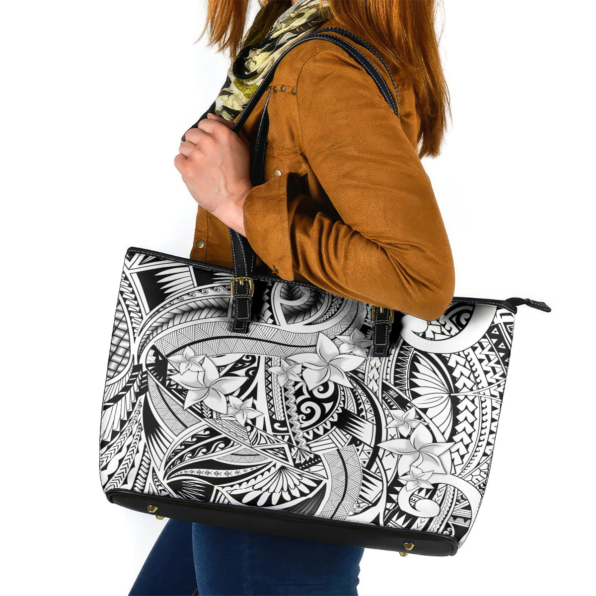 Polynesia Leather Tote Bag Tribal Polynesian Spirit With White Pacific Flowers LT9 White - Polynesian Pride