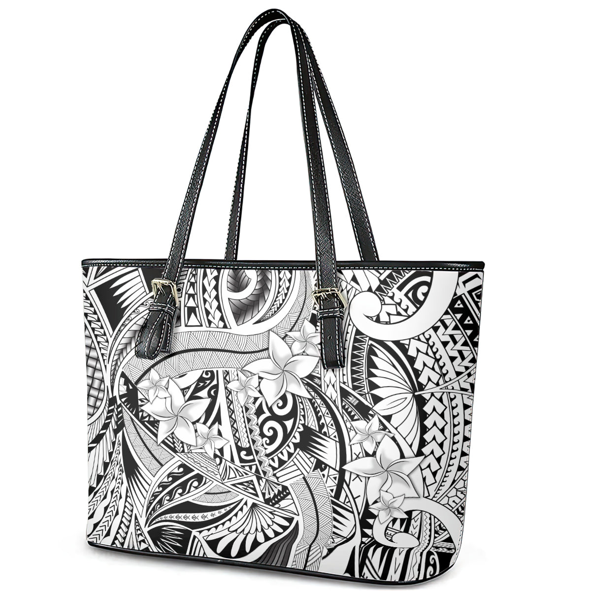 Polynesia Leather Tote Bag Tribal Polynesian Spirit With White Pacific Flowers LT9 - Polynesian Pride