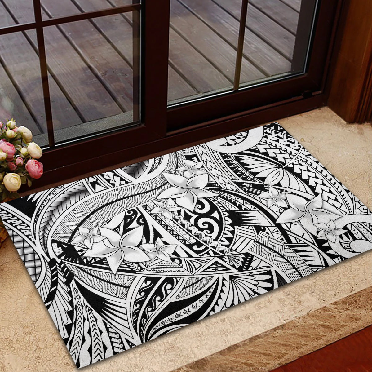 Polynesia Rubber Doormat Tribal Polynesian Spirit With White Pacific Flowers LT9 - Polynesian Pride