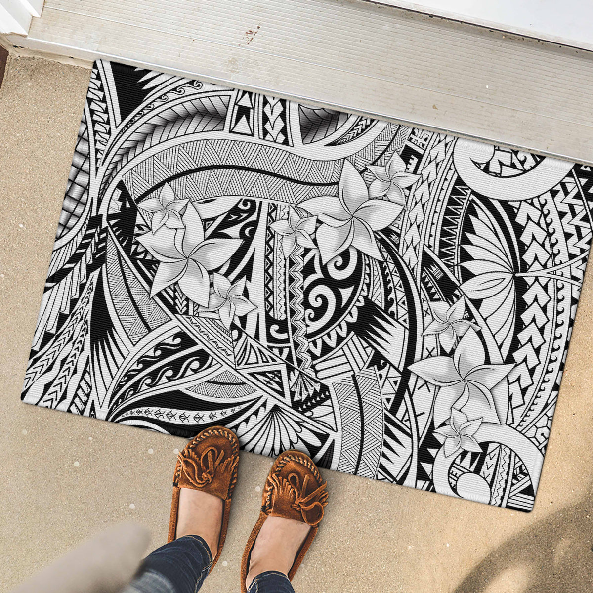 Polynesia Rubber Doormat Tribal Polynesian Spirit With White Pacific Flowers LT9 - Polynesian Pride