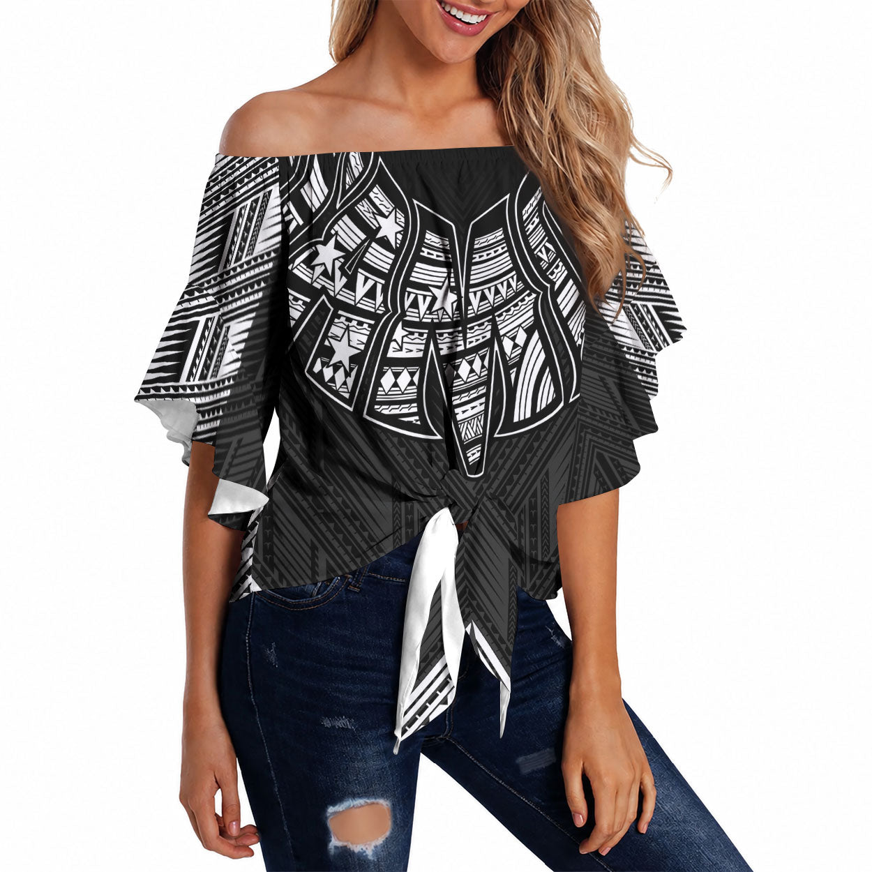 Black Samoa Tribal Chest Tattoo Off Shoulder Wrap Waist Top LT9 Black - Polynesian Pride