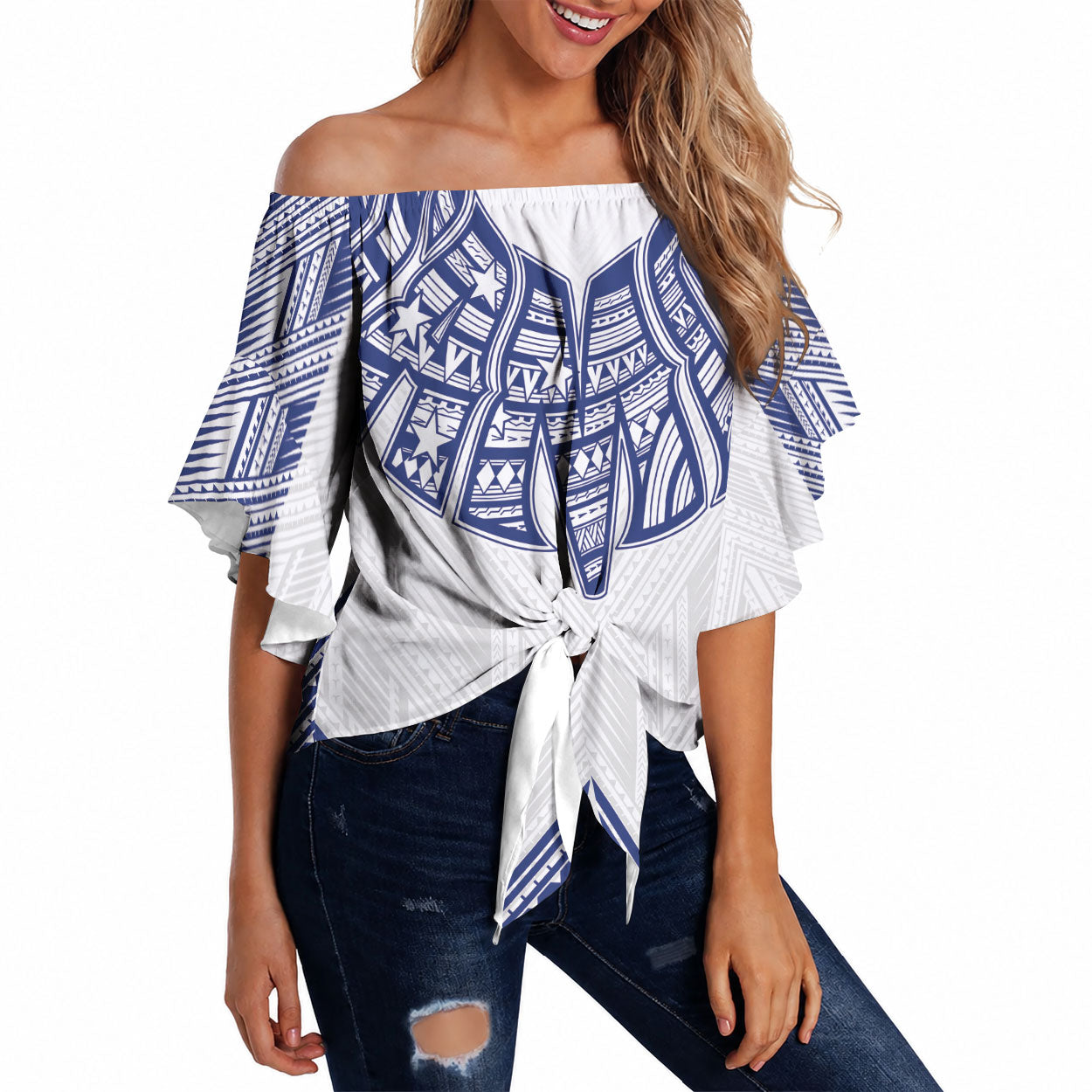 White Samoa Tribal Chest Tattoo Off Shoulder Wrap Waist Top LT9 White - Polynesian Pride