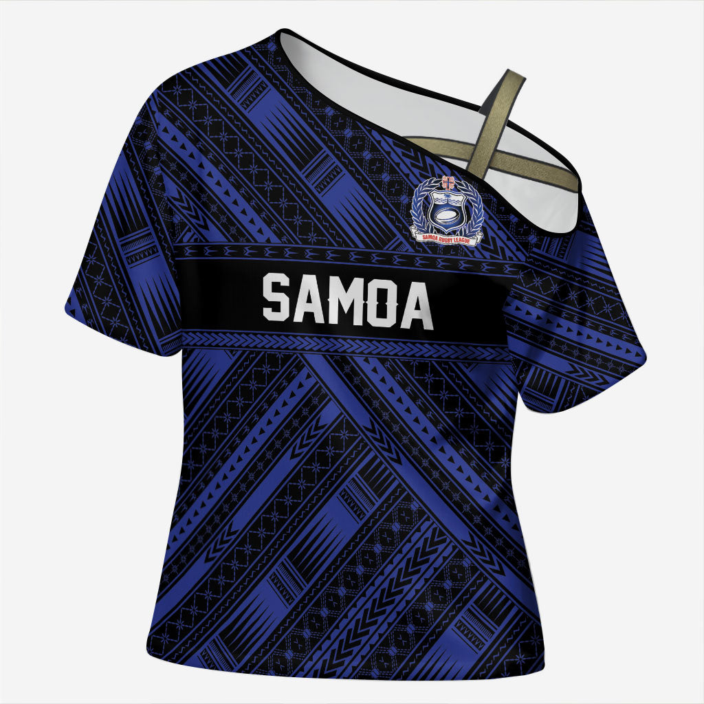 Toa Samoa 40th Anniversary Cross Shoulder Shirt Royal Blue Tribal LT9 Female Blue - Polynesian Pride