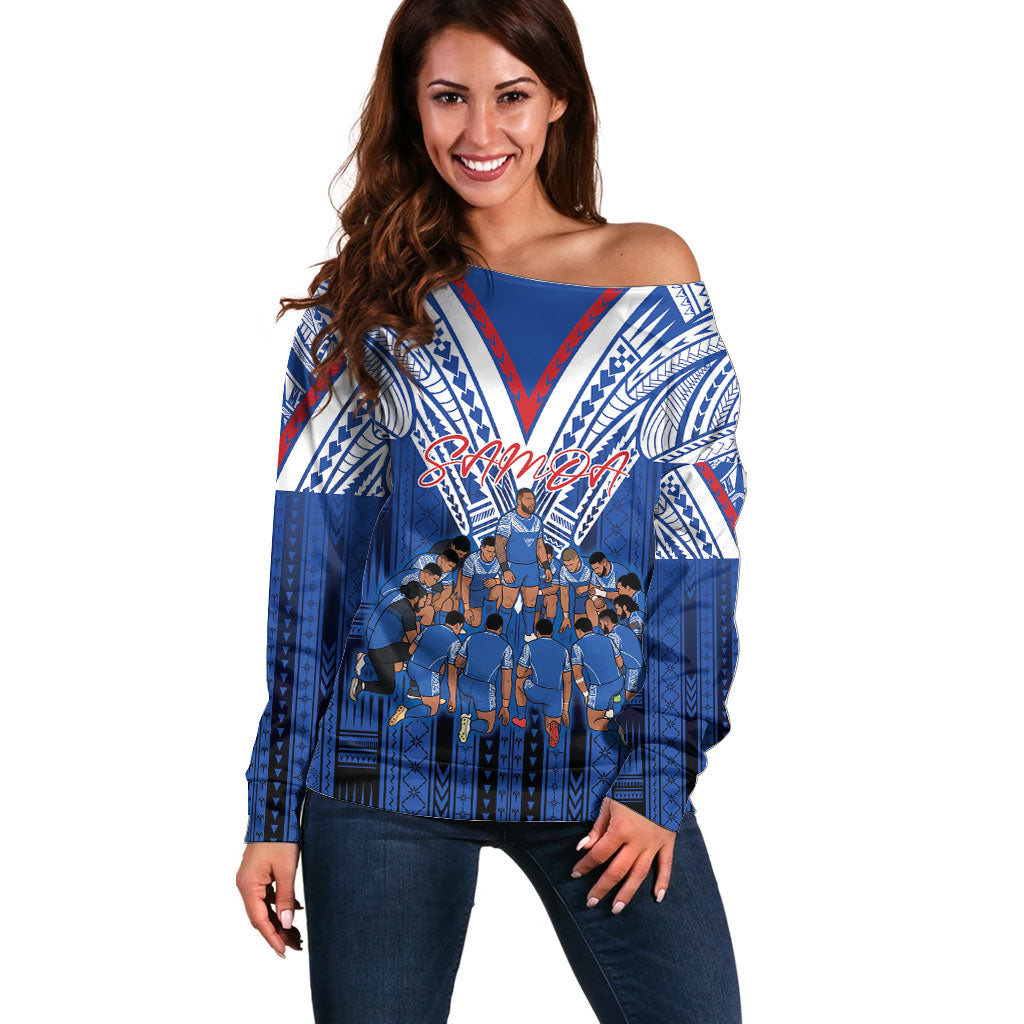 Toa Samoa Siva Tau Off Shoulder Sweater Royal Blue Chevron Geometric Heritage LT9 Women Blue - Polynesian Pride