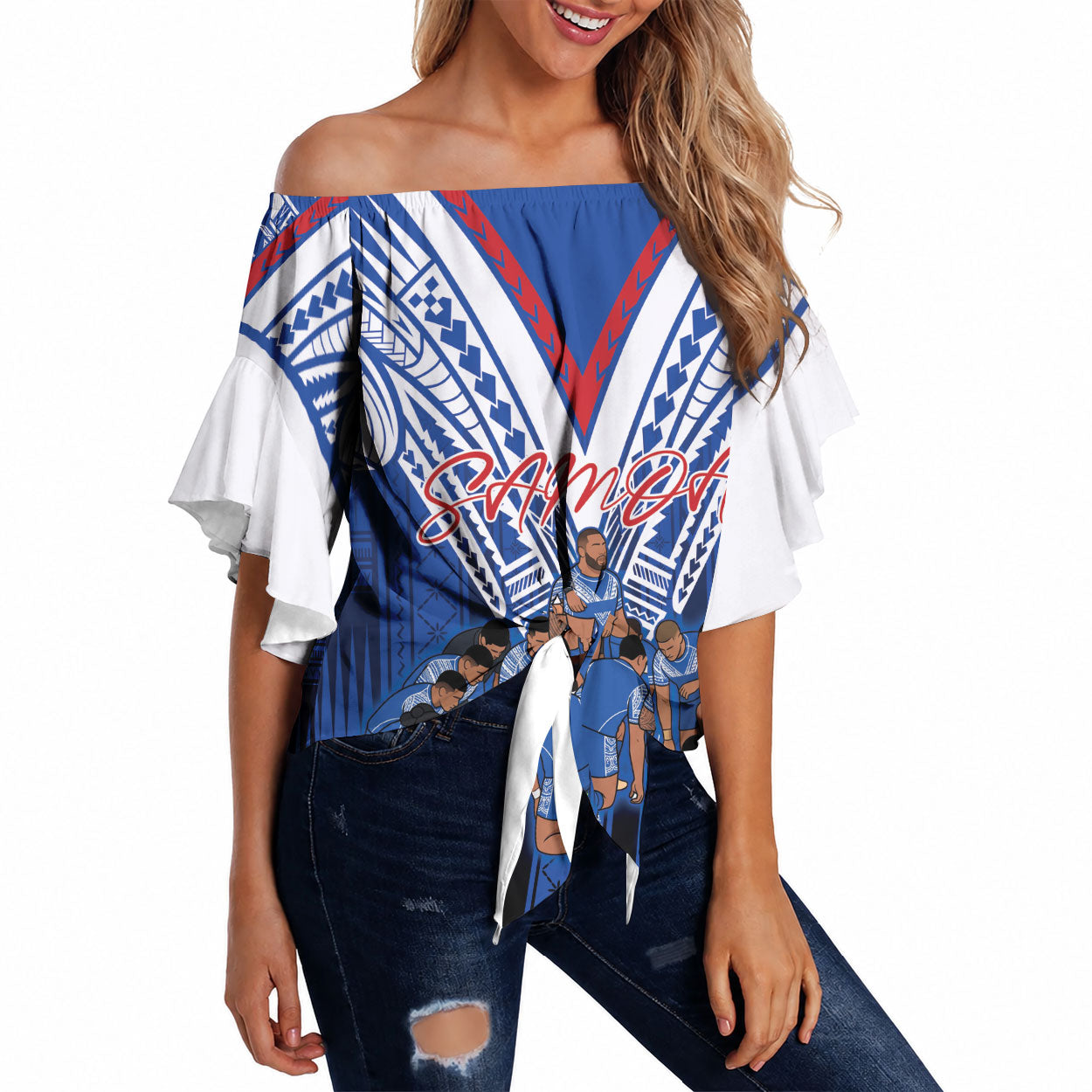 Toa Samoa Siva Tau Off Shoulder Wrap Waist Top Royal Blue Chevron Geometric Heritage LT9 Blue - Polynesian Pride