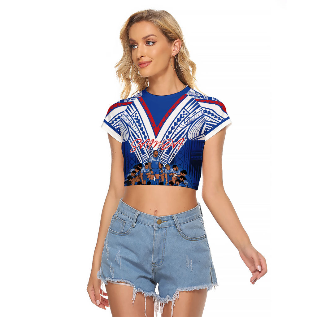 Toa Samoa Siva Tau Raglan Cropped T Shirt Royal Blue Chevron Geometric Heritage LT9 Female Blue - Polynesian Pride
