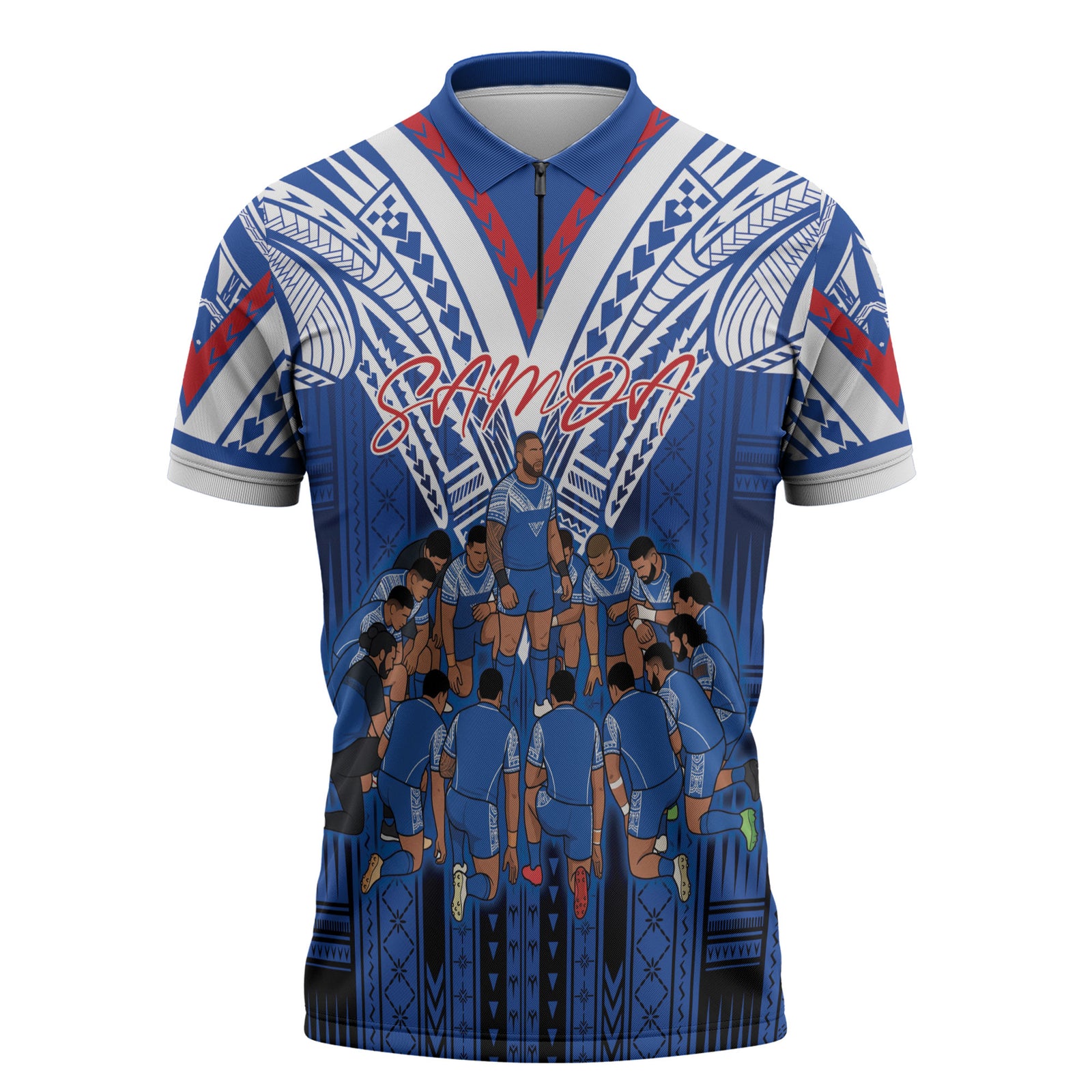 Toa Samoa Siva Tau Zipper Polo Shirt Royal Blue Chevron Geometric Heritage LT9 Blue - Polynesian Pride