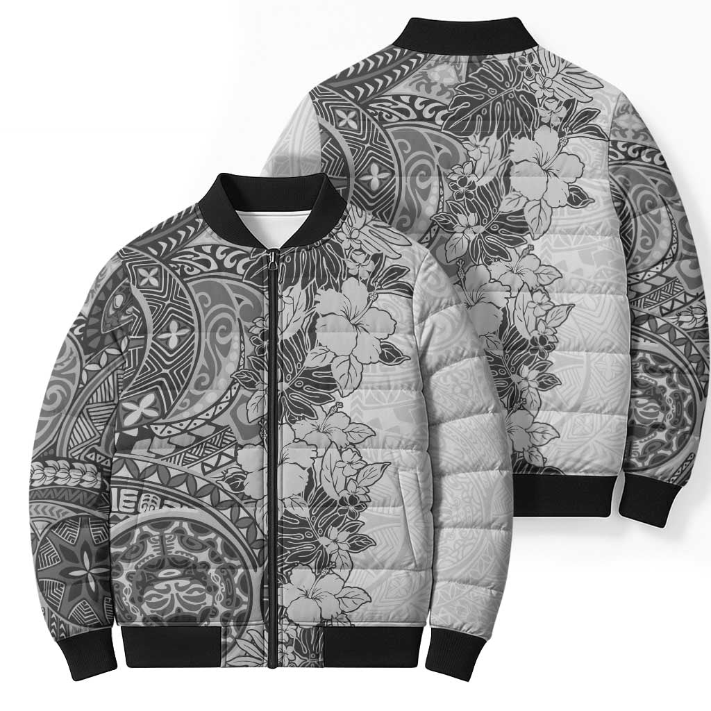 Polynesia Bomber Puffer Jacket Hibiscus Hawaiian Tribal Tattoo Retro Gray LT9 - Polynesian Pride