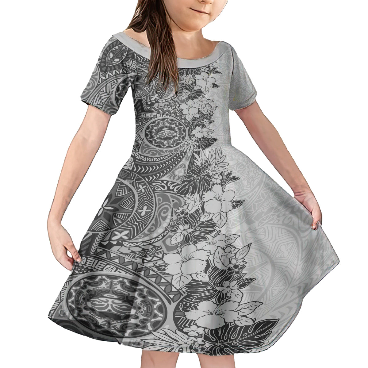 Polynesia Kid Short Sleeve Dress Hibiscus and Hawaiian Tribal Tattoo Retro Style Gray Color LT9 KID Gray - Polynesian Pride