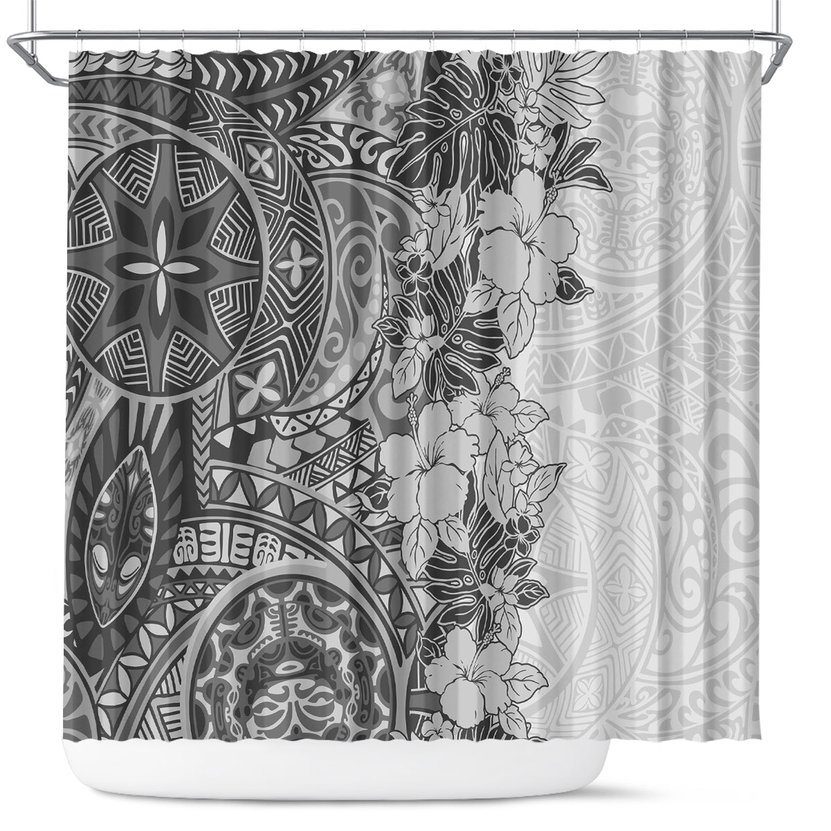 Polynesia Shower Curtain Hibiscus and Hawaiian Tribal Tattoo Retro Style Gray Color LT9 Gray - Polynesian Pride