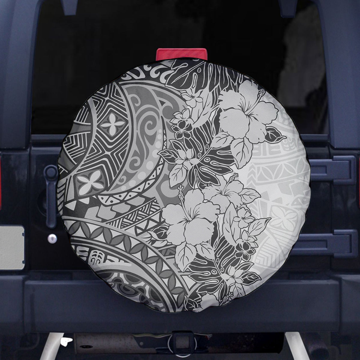 Polynesia Spare Tire Cover Hibiscus and Hawaiian Tribal Tattoo Retro Style Gray Color LT9 Gray - Polynesian Pride