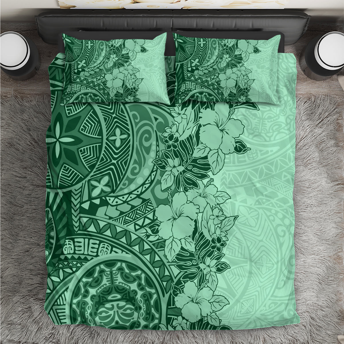 Polynesia Bedding Set Hibiscus and Hawaiian Tribal Tattoo Retro Style Green Color LT9 Green - Polynesian Pride