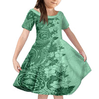 Polynesia Kid Short Sleeve Dress Hibiscus and Hawaiian Tribal Tattoo Retro Style Green Color LT9 KID Green - Polynesian Pride
