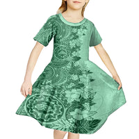 Polynesia Kid Short Sleeve Dress Hibiscus and Hawaiian Tribal Tattoo Retro Style Green Color LT9 - Polynesian Pride