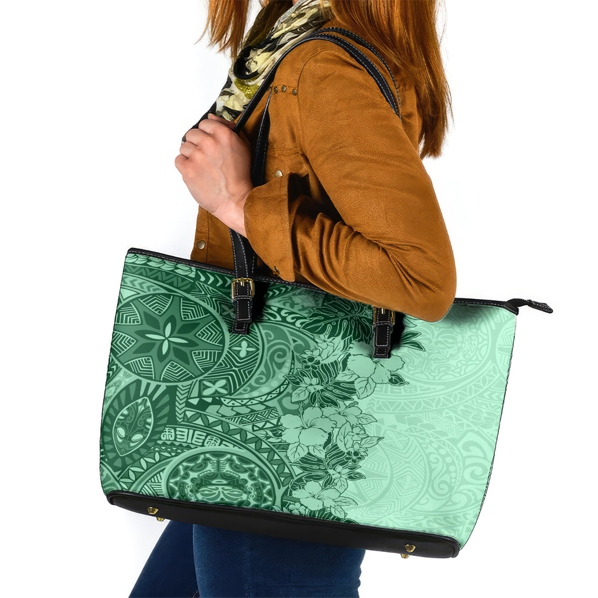 Polynesia Leather Tote Bag Hibiscus and Hawaiian Tribal Tattoo Retro Style Green Color LT9 Green - Polynesian Pride