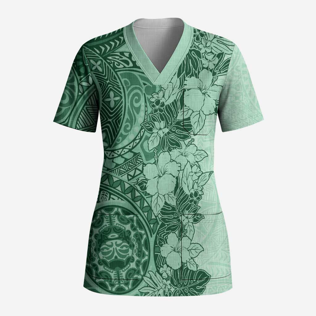 Polynesia Scrub Top Hibiscus Hawaiian Tribal Tattoo Retro Green LT9 Adult Green - Polynesian Pride