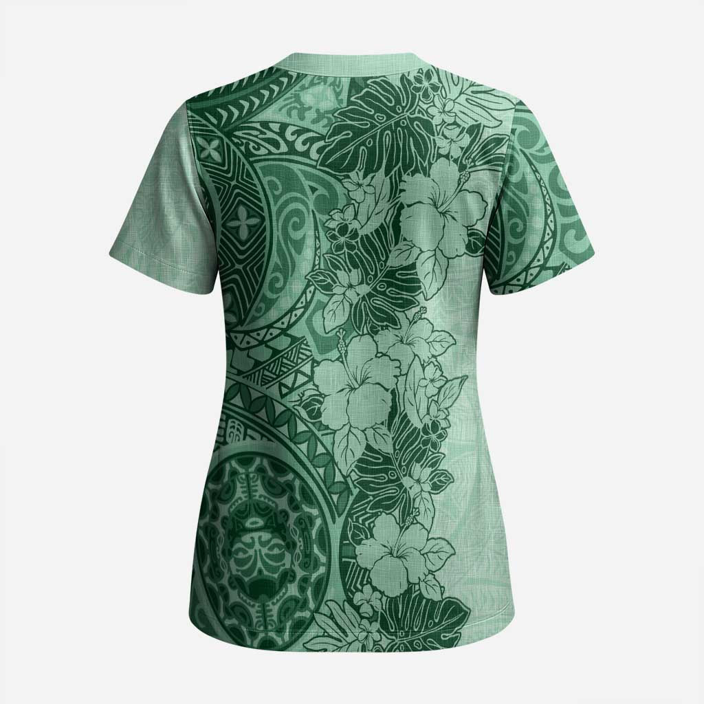 Polynesia Scrub Top Hibiscus Hawaiian Tribal Tattoo Retro Green LT9 - Polynesian Pride