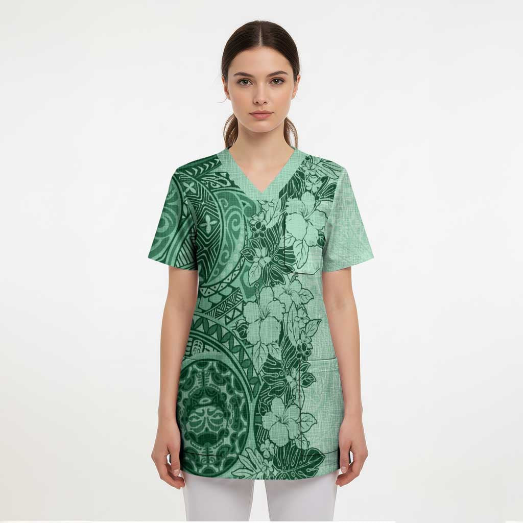 Polynesia Scrub Top Hibiscus Hawaiian Tribal Tattoo Retro Green LT9 - Polynesian Pride