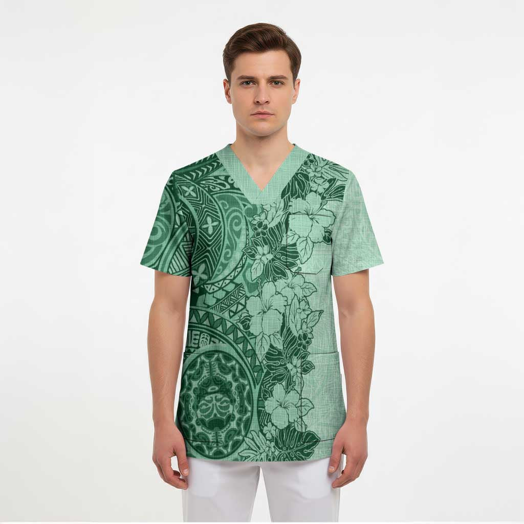 Polynesia Scrub Top Hibiscus Hawaiian Tribal Tattoo Retro Green LT9 - Polynesian Pride