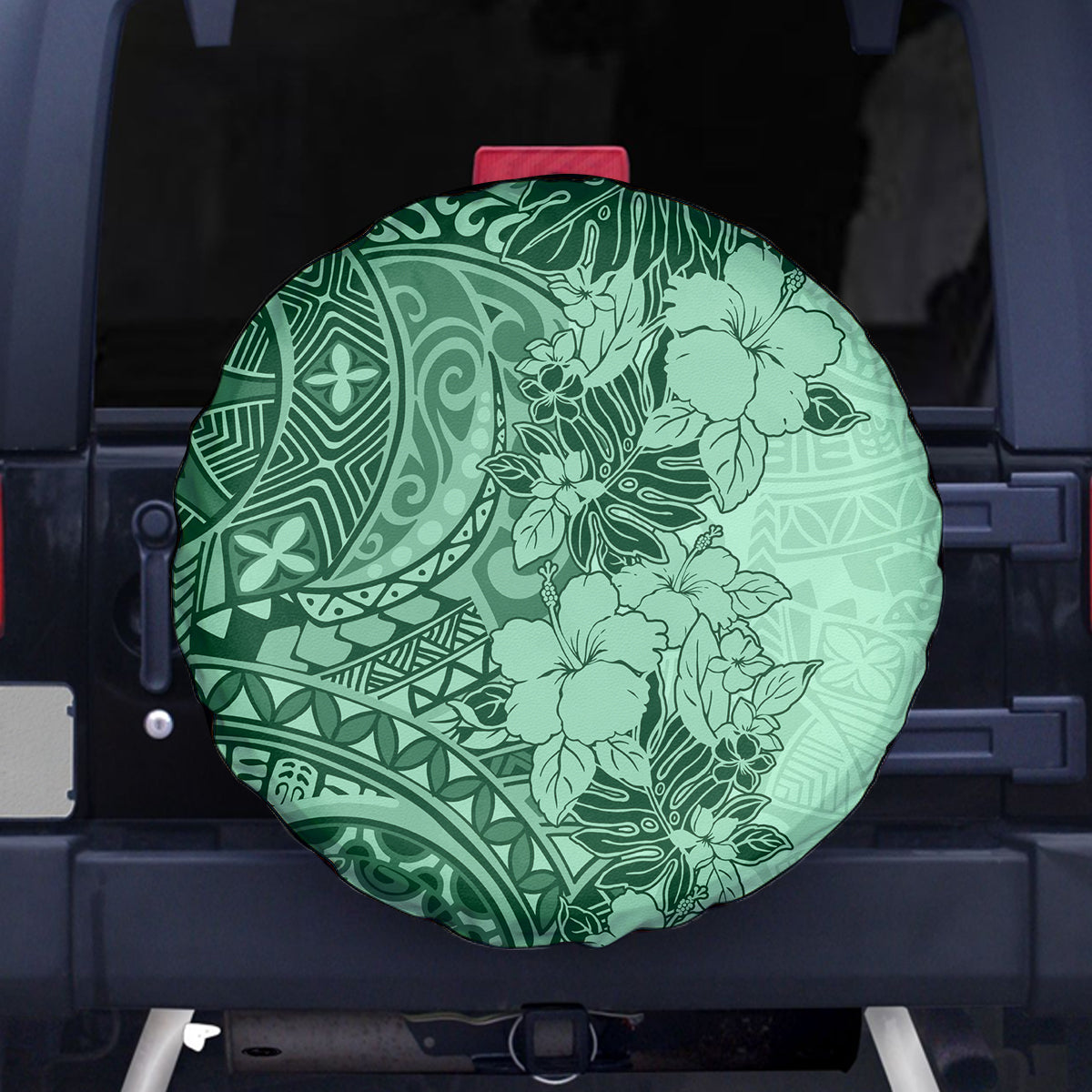 Polynesia Spare Tire Cover Hibiscus and Hawaiian Tribal Tattoo Retro Style Green Color LT9 Green - Polynesian Pride