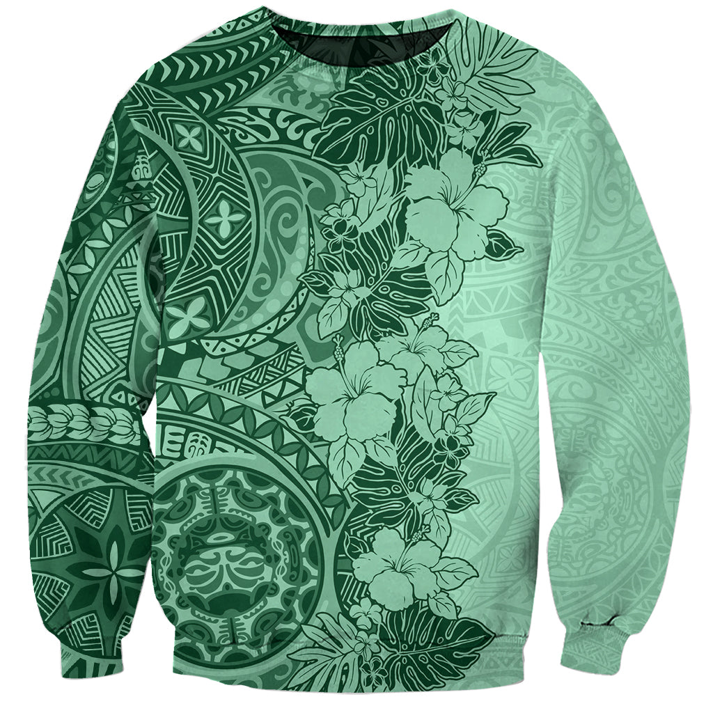 Polynesia Sweatshirt Hibiscus and Hawaiian Tribal Tattoo Retro Style Green Color LT9 Unisex Green - Polynesian Pride