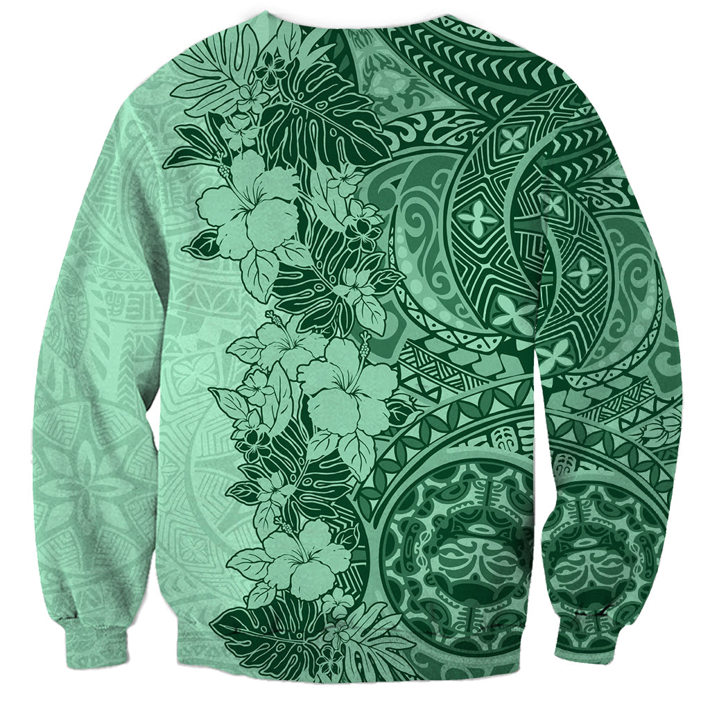 Polynesia Sweatshirt Hibiscus and Hawaiian Tribal Tattoo Retro Style Green Color LT9 - Polynesian Pride