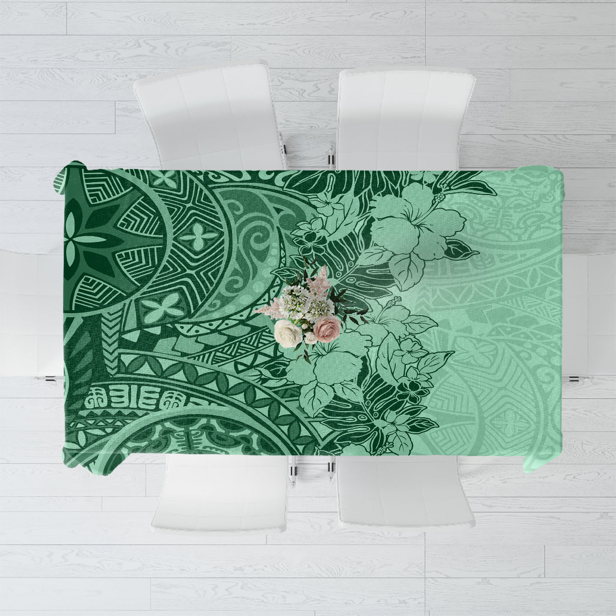 Polynesia Tablecloth Hibiscus and Hawaiian Tribal Tattoo Retro Style Green Color LT9 Green - Polynesian Pride