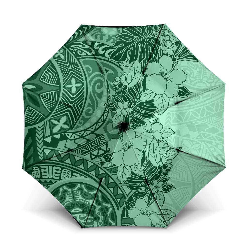 Polynesia Umbrella Hibiscus Hawaiian Tribal Tattoo Retro Green LT9 One Size Folded 11.42 inch Opened Diameter 37.4 inch Green - Polynesian Pride