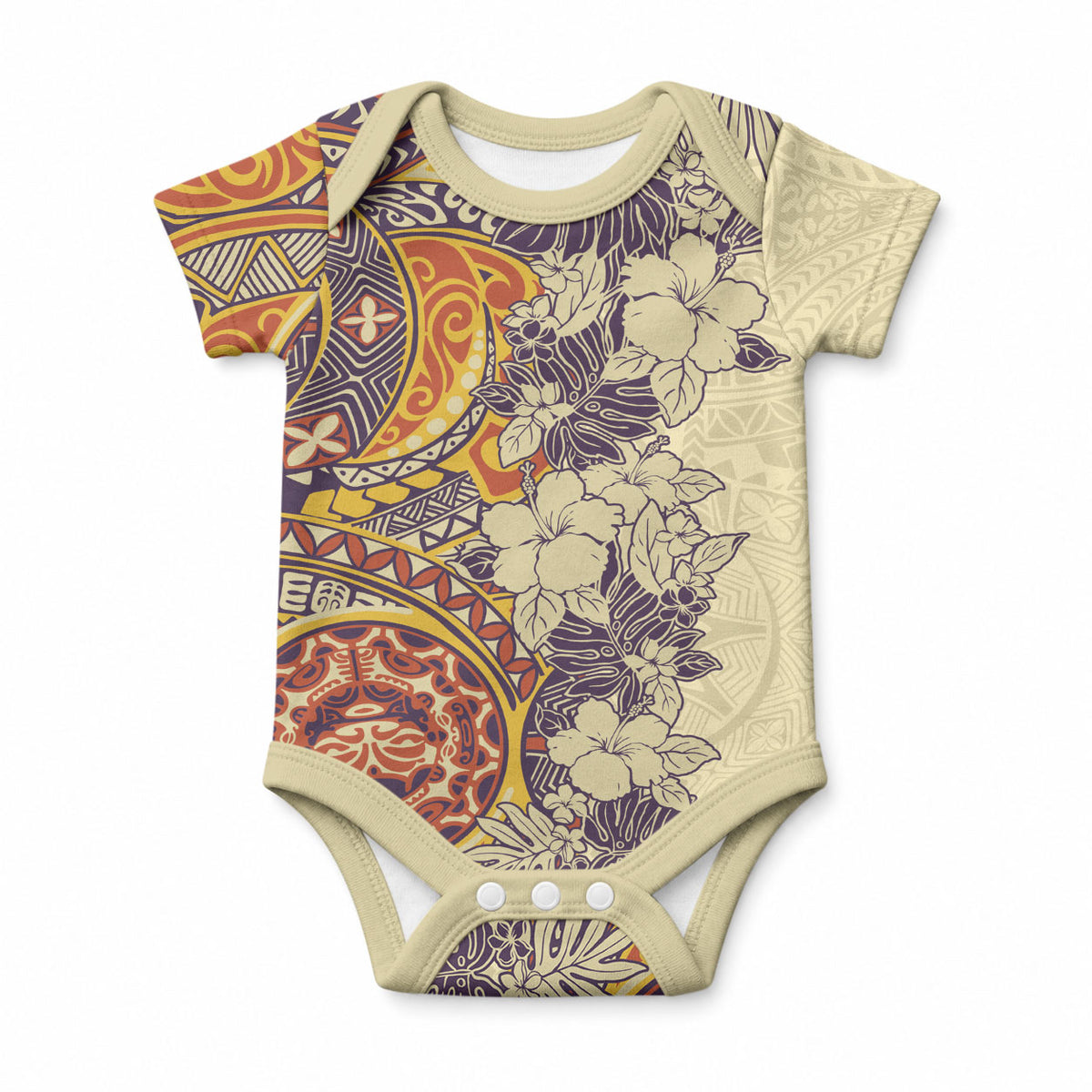 Polynesia Baby Onesie Hibiscus and Hawaiian Tribal Tattoo Retro Style Tan Color LT9 Tan - Polynesian Pride