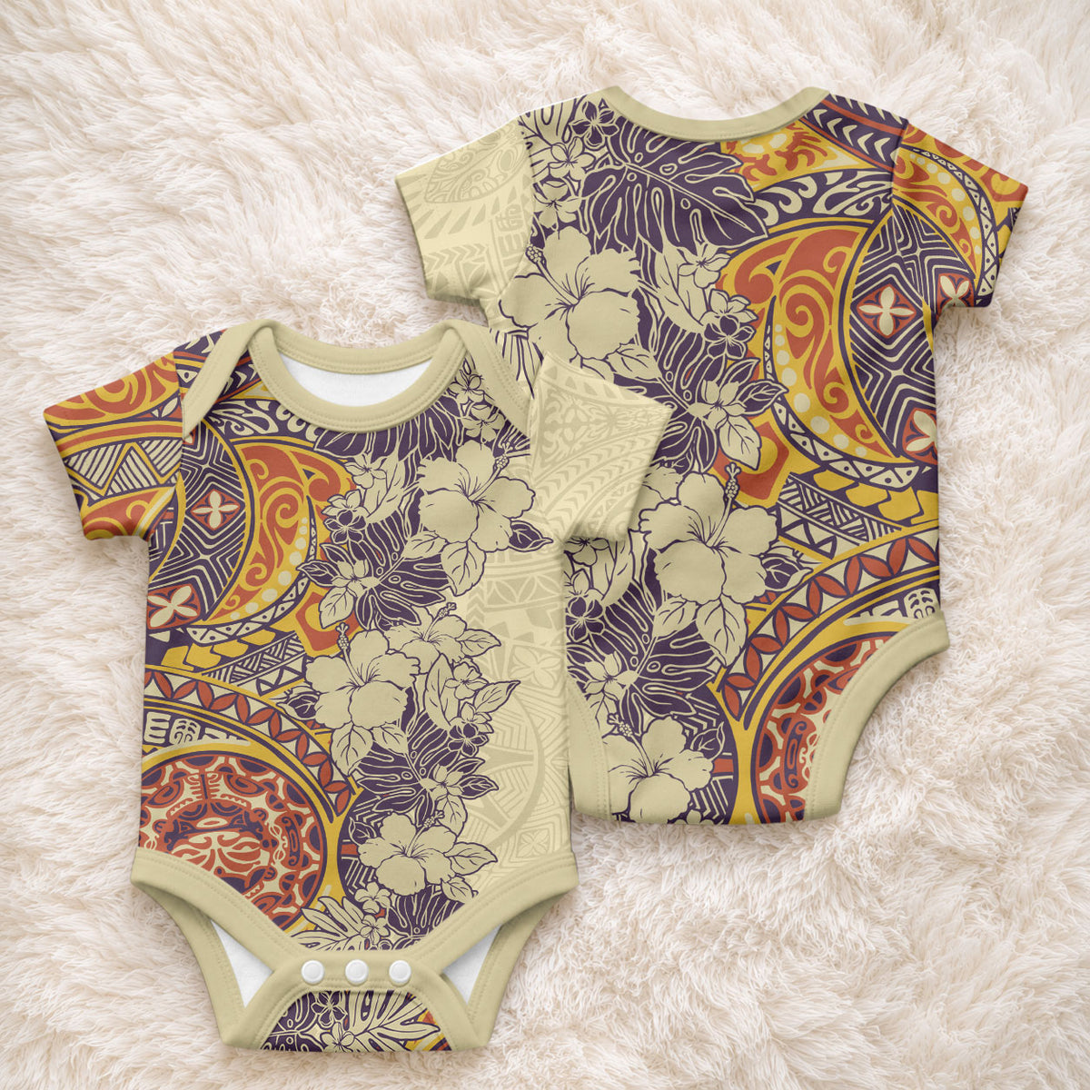 Polynesia Baby Onesie Hibiscus and Hawaiian Tribal Tattoo Retro Style Tan Color LT9 - Polynesian Pride