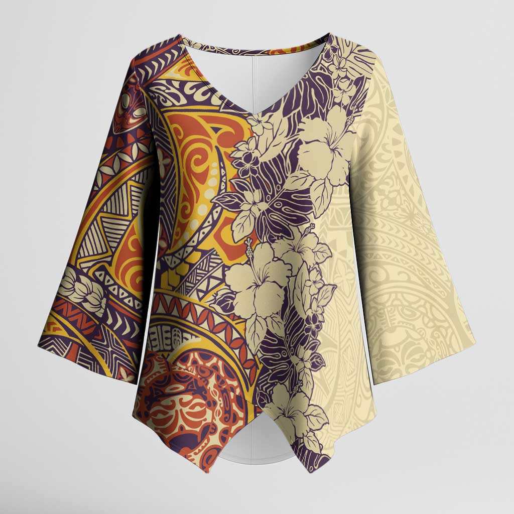 Polynesia Kimono Sleeve Blouse Hibiscus Hawaiian Tribal Tattoo Retro Tan LT9 Female Tan - Polynesian Pride