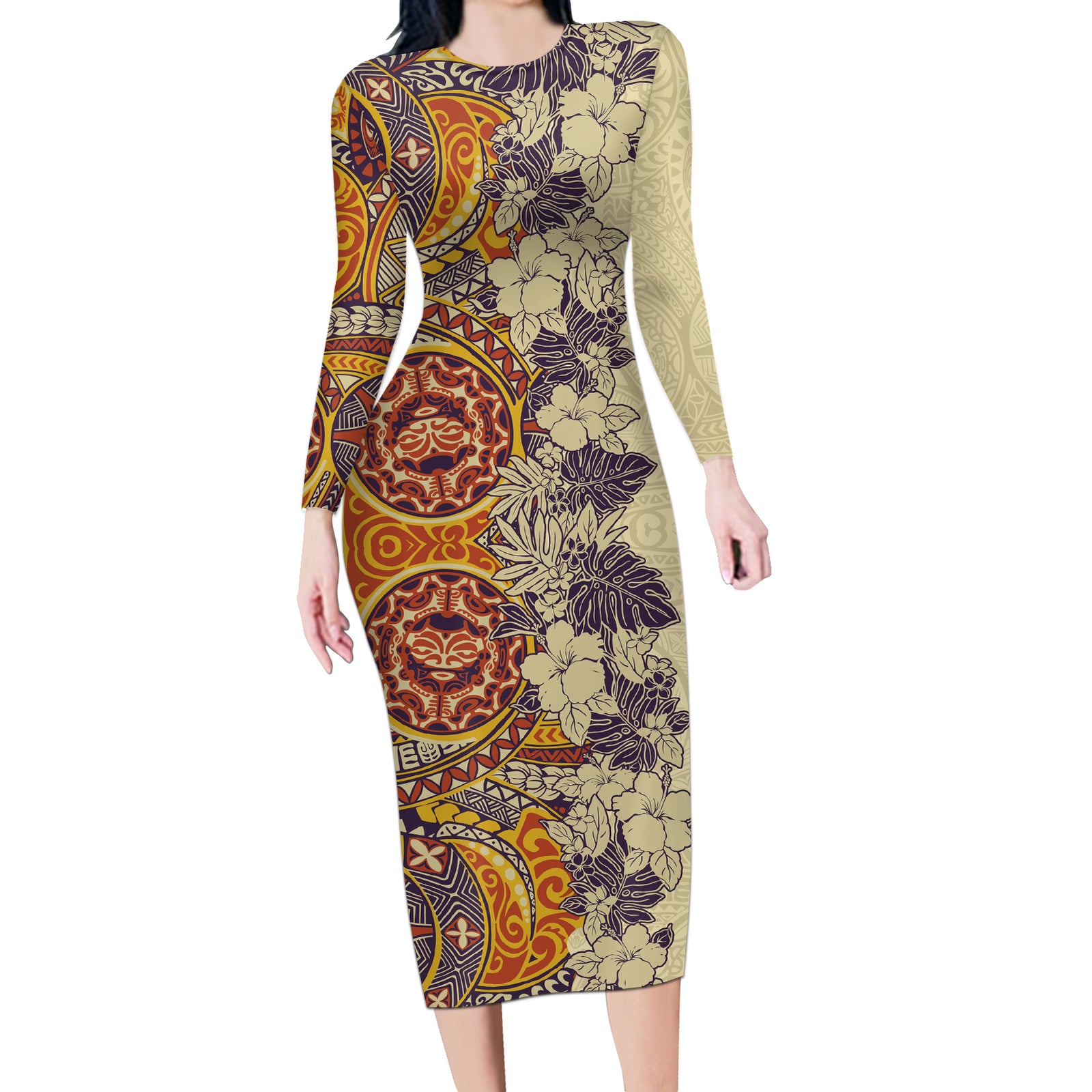 Polynesia Long Sleeve Bodycon Dress Hibiscus and Hawaiian Tribal Tattoo Retro Style Tan Color LT9 Long Dress Tan - Polynesian Pride
