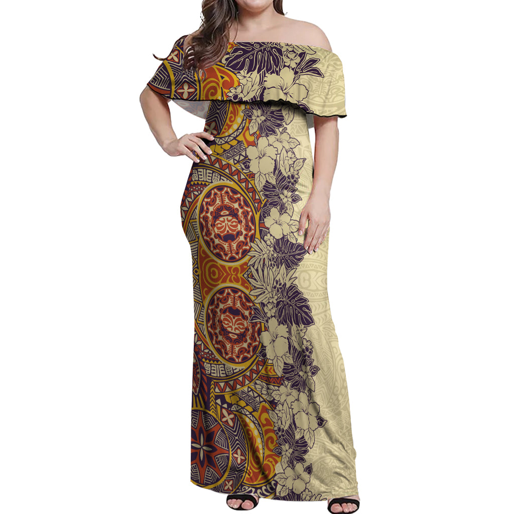 Polynesia Off Shoulder Maxi Dress Hibiscus and Hawaiian Tribal Tattoo Retro Style Tan Color LT9 Women Tan - Polynesian Pride