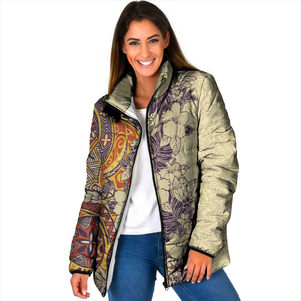 Polynesia Padded Jacket Hibiscus Hawaiian Tribal Tattoo Retro Tan LT9 Women Tan - Polynesian Pride
