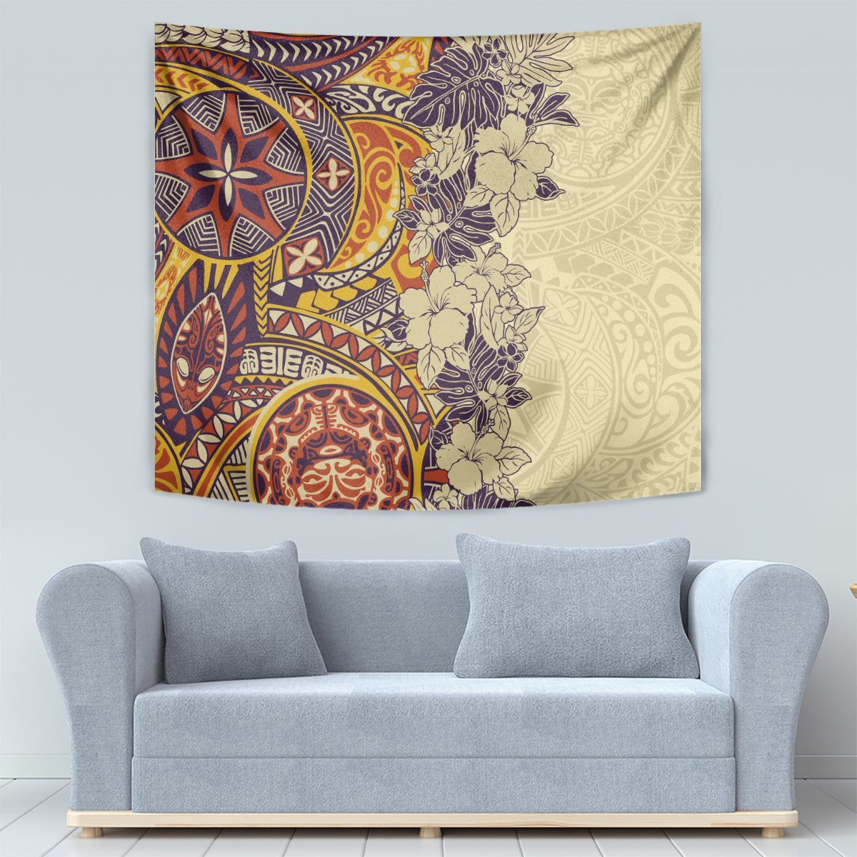 Polynesia Tapestry Hibiscus and Hawaiian Tribal Tattoo Retro Style Tan Color LT9 - Polynesian Pride