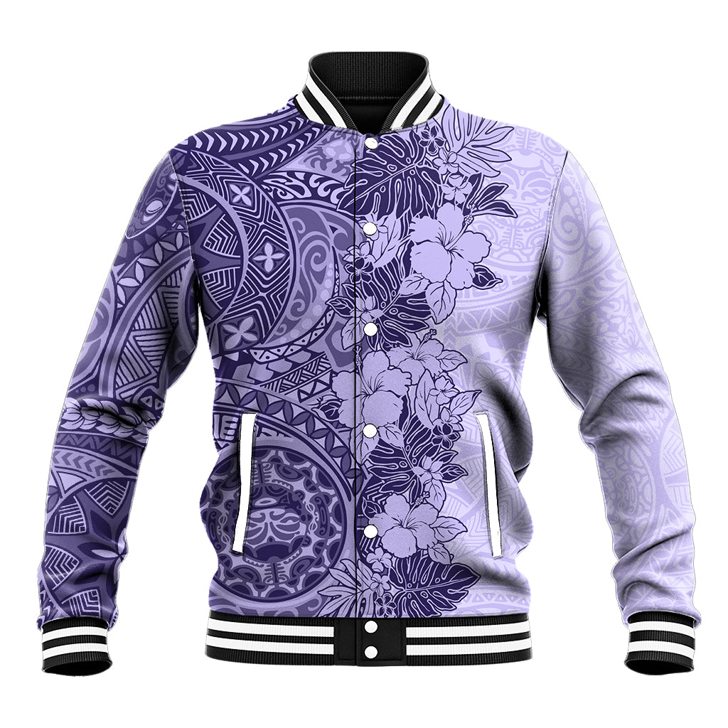 Polynesia Baseball Jacket Hibiscus and Hawaiian Tribal Tattoo Retro Style Violet Color LT9 Unisex Violet - Polynesian Pride