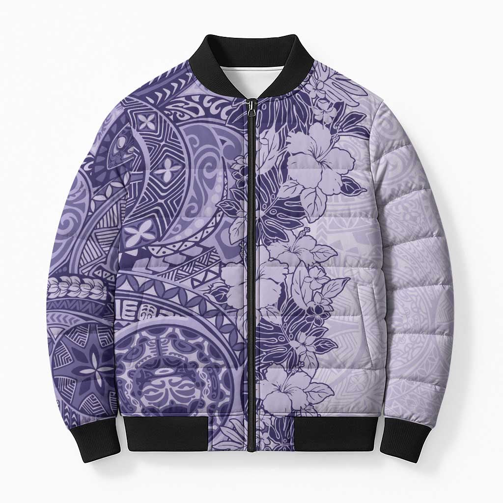Polynesia Bomber Puffer Jacket Hibiscus Hawaiian Tribal Tattoo Retro Violet LT9 Unisex Violet - Polynesian Pride