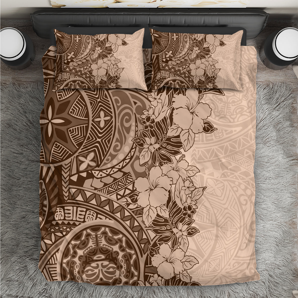 Polynesia Bedding Set Hibiscus and Hawaiian Tribal Tattoo Retro Style Pink Pastel LT9 Pink Pastel - Polynesian Pride