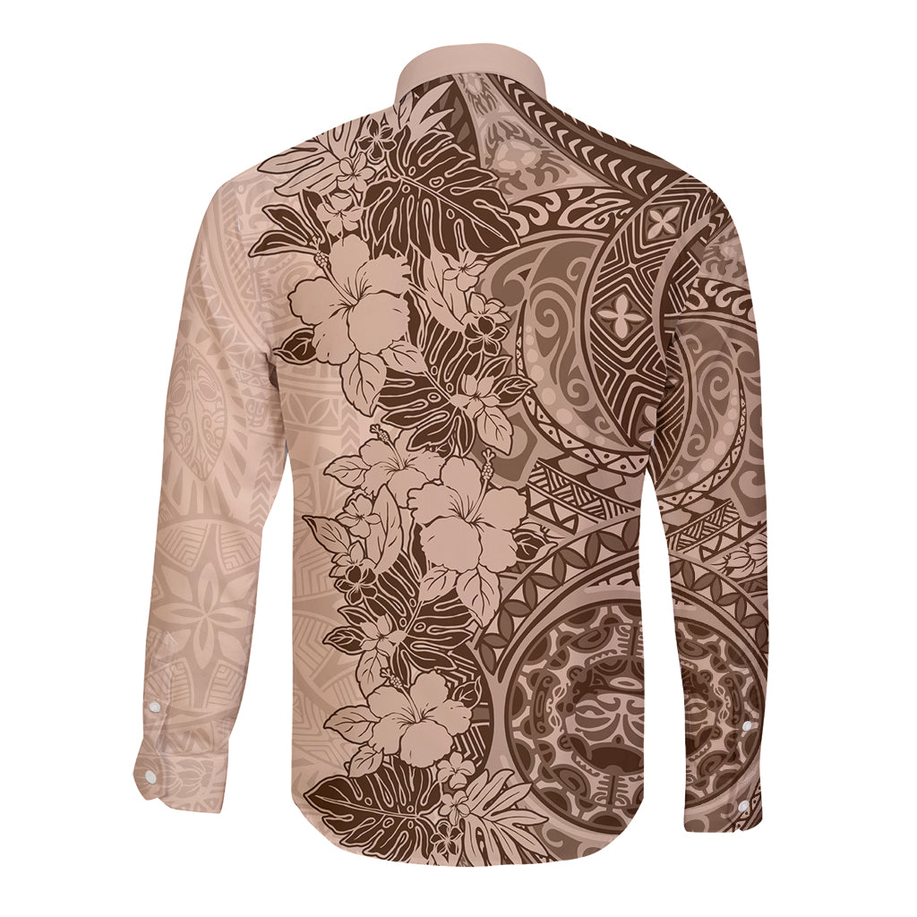 Polynesia Long Sleeve Button Shirt Hibiscus and Hawaiian Tribal Tattoo Retro Style Pink Pastel LT9 - Polynesian Pride